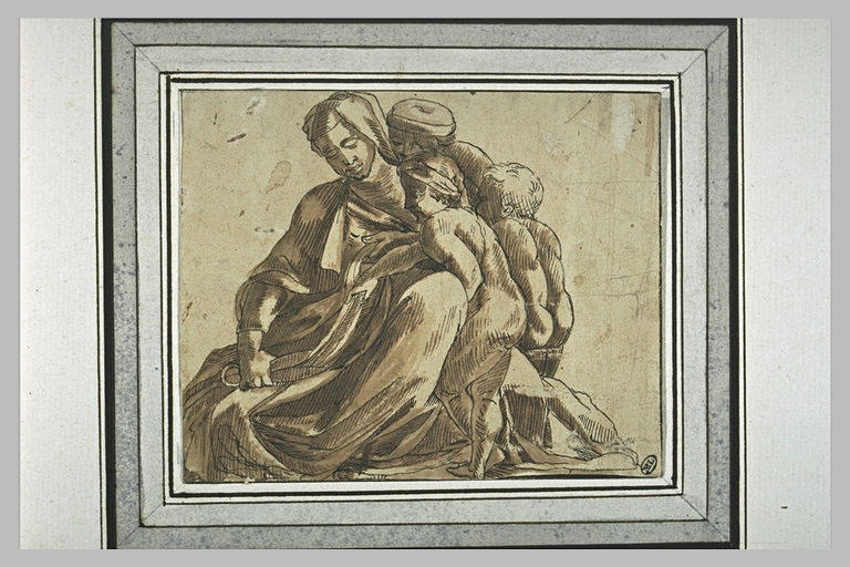 Femme travaillant un tissu, entourée de trois enfants nus