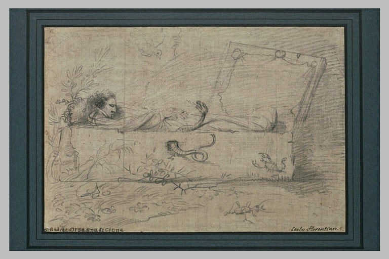 Portrait de l'artiste dans un cerceuil entouré de symboles de la mort