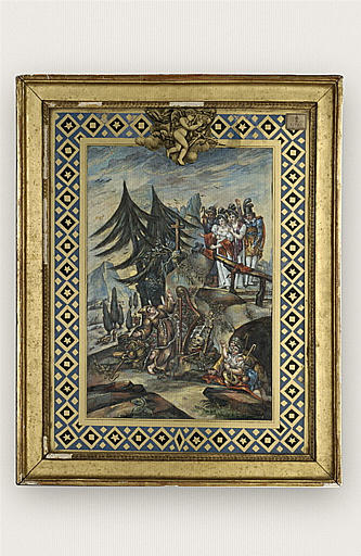 Un moine agenouillé et d'autres figures dans un paysage