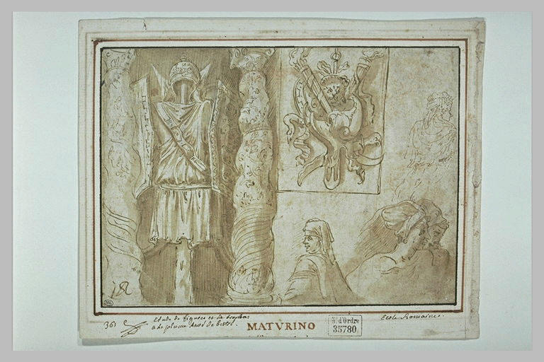 Trophées ; demi-figure de femme, de dos ; trois bustes de femme de profil