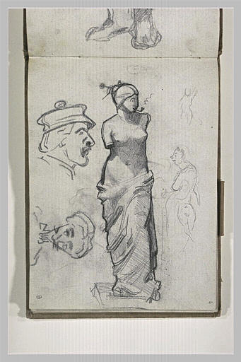 Caricature de la Vénus de Milo ; croquis de nus ; caricatures de trois hommes