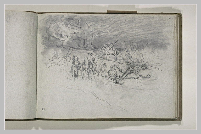 Croquis d'une scène de bataille à l'entrée d'une ville