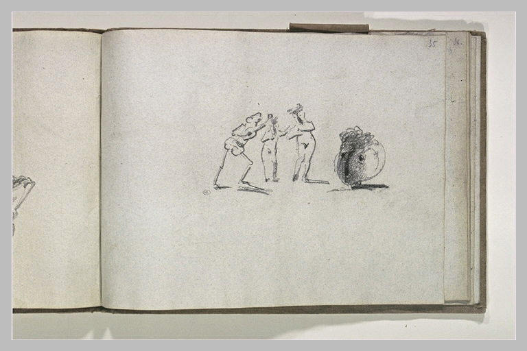 Caricature d'un groupe de musiciens et d'une figure chantant