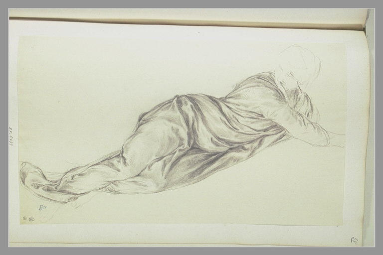 Etude de femme entièrement drapée, étendue sur le côté gauche