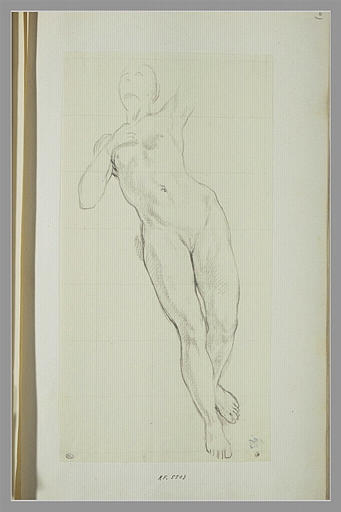 Etude de femme nue, debout, de face, la tête levée