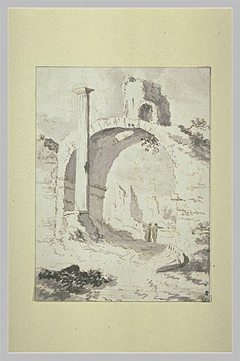 Arcade romaine en ruines avec une colonne, et deux figures