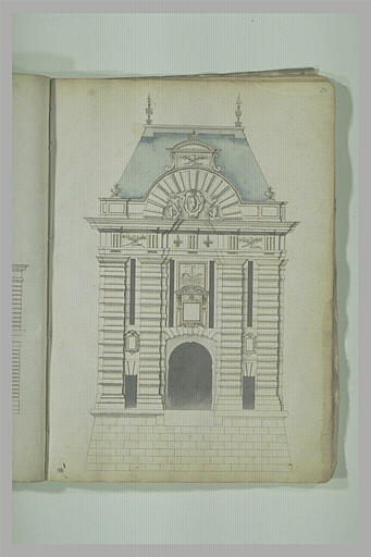Etude d'architecture : pavillon et porte monumentale (élévation)