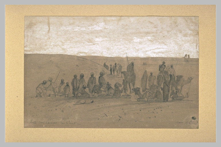 Halte d'une caravane dans le désert près du Caire