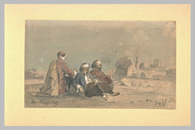 Deux musiciens assis par terre, au Caire