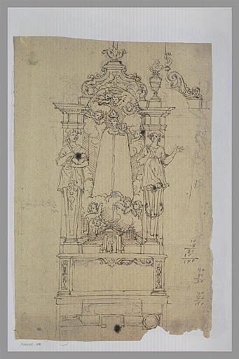 Autel et retable avec la Vierge à l'Enfant couronnée. Elévation et plan