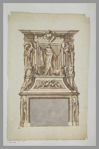 Cheminée monumentale avec groupe sculpté à la gloire d'un roi de France