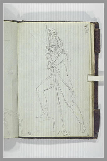 Un cuirassier serrant à deux mains la hampe d'un drapeau