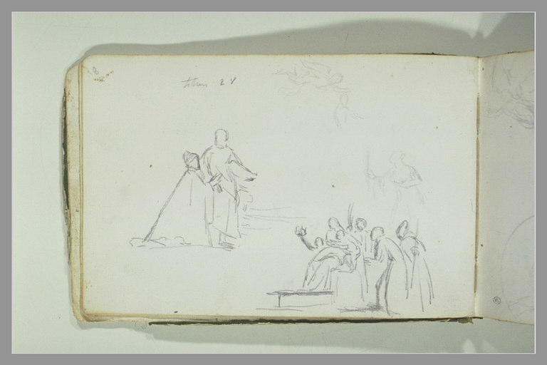 Deux figures ; ange et figure ; figure ; Vierge à l'Enfant entouré de saints
