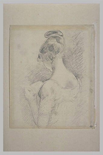 Buste de jeune fille, vue de dos, lisant