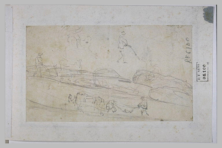 Paysan labourant un champ, dans un paysage