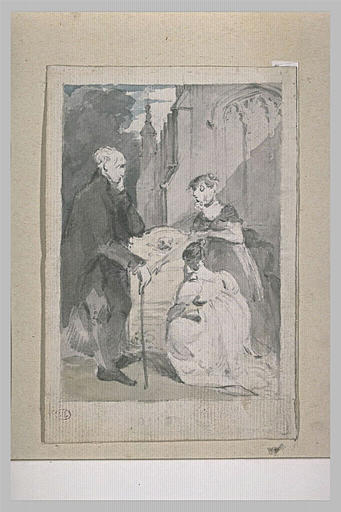 Un vieillard et deux jeunes filles devant une tombe