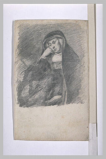 Femme assise, de trois quarts vers la gauche, la joue sur la main droite