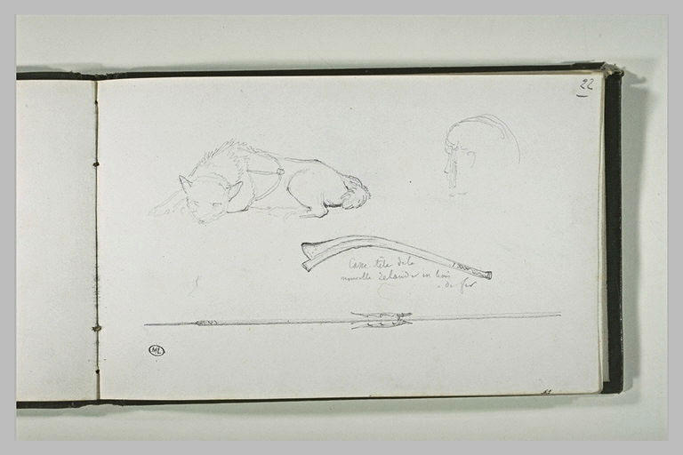 Etudes d'un chien, d'une tête, d'un casse-tête et d'une arme