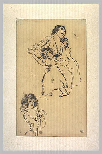 Femme tenant deux enfants et femme avec un éventail