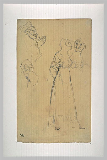 Femme debout masquée et trois personnages en buste