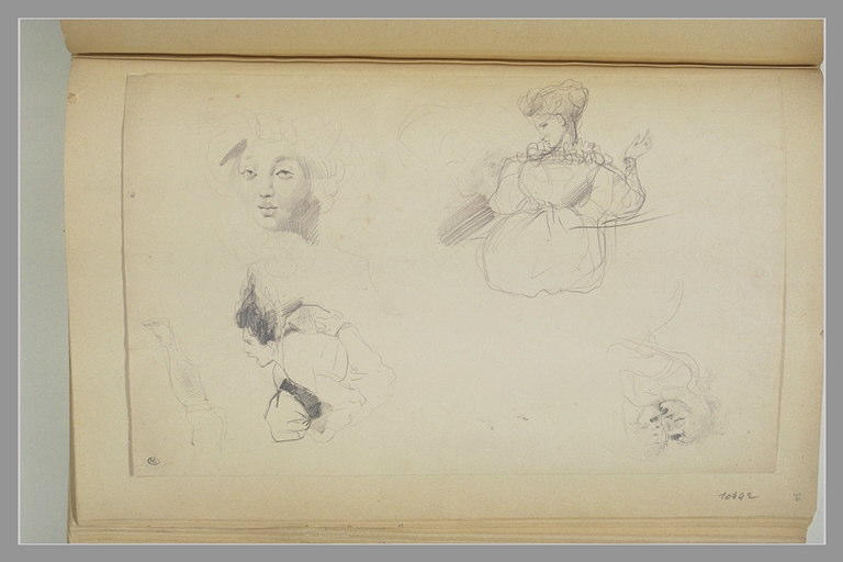 Etudes de figures : femme assise ; femme criant, visages ; jambe ; couple