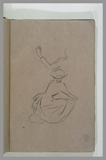 Femme assise à terre, de dos, et bras au poing serré