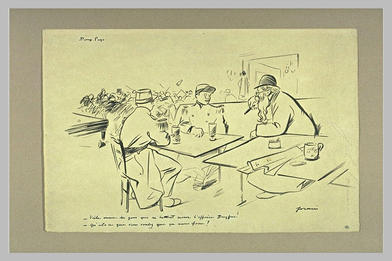 Dans une salle de café, deux militaires conversant avec un vieil homme