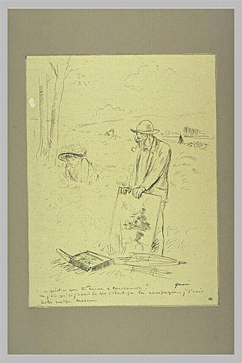 Dans un champ, un homme tenant une toile et une femme