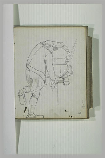 Paysan breton de dos tirant du cidre d'un tonneau