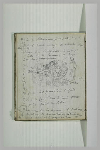 Annotations manuscrites et charrette chargée d'un tonneau