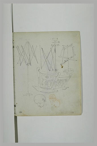 Etudes d'un dévidoir de laine et d'un berceau, études de têtes