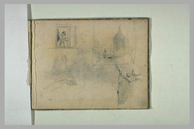 Figures, paysage avec un moulin, chèvre, femme à sa fenêtre,...