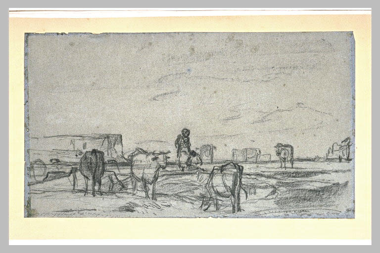 Vaches dans un paysage, sous la surveillance de deux femmes