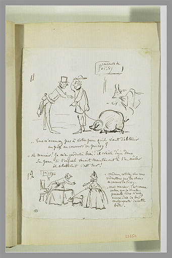 Caricature : homme interpellant un paysan ; homme et femme dialoguant
