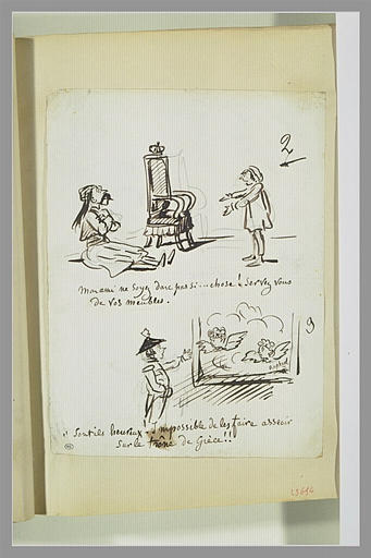 Caricatures : grec à terre écoutant un gavroche ; prince devant un tableau