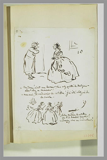 Caricatures : femme rentrant du bal ; deux femmes discutant au bal