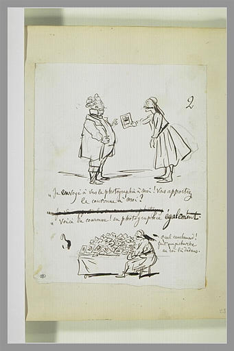 Caricatures : John Bull et un grec ; grec devant des photographies