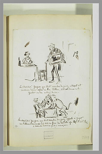 Caricatures : homme portant un tableau pendu au cou ; homme face à un lion