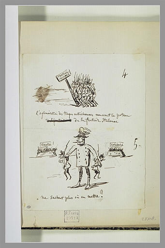 Caricatures : autrichiens à la frontière italienne ; général et deux soldats