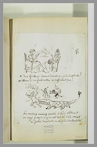 Caricatures : dicussions entre deux dames ; homme fuyant un crocodile