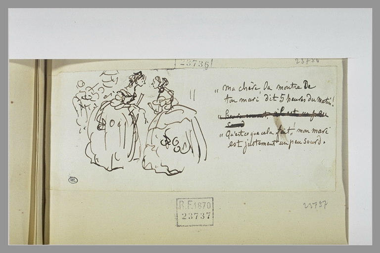 Caricature : conversation de deux dames en toilette de bal