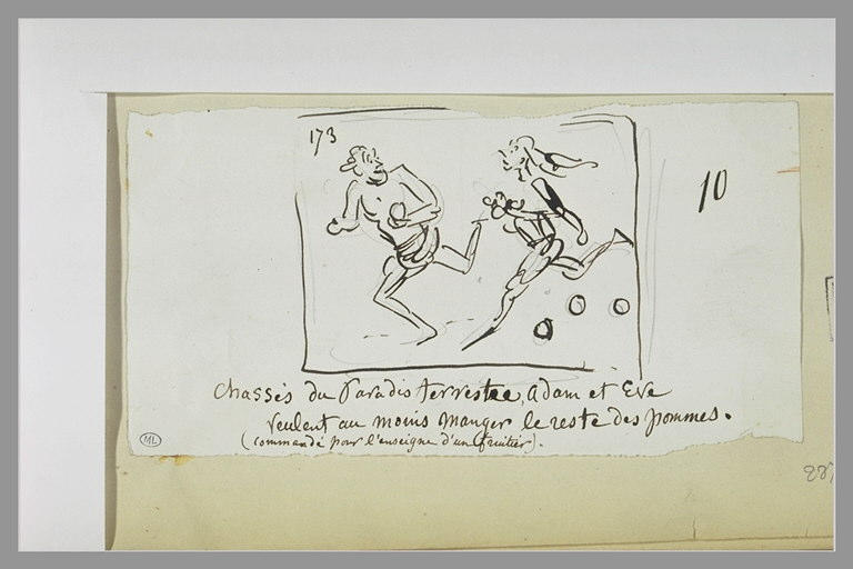 Caricature : tableau représentant Adam et Eve courant