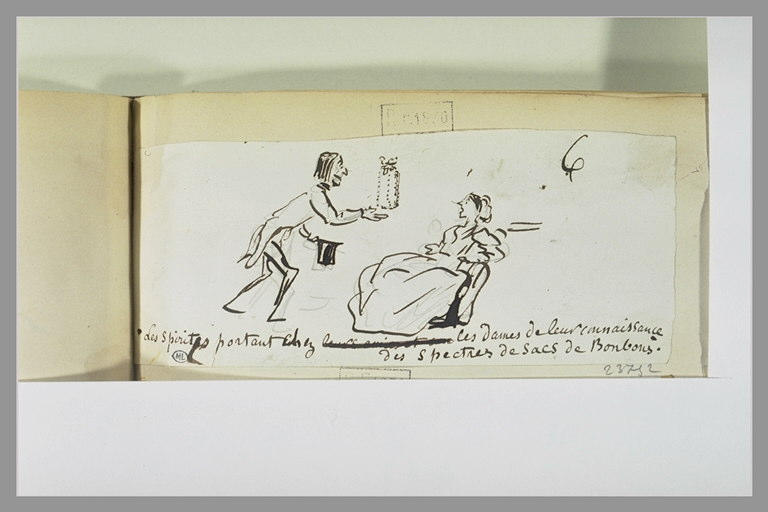 Caricature : homme présentant un sac à une femme renversée sur un fauteuil