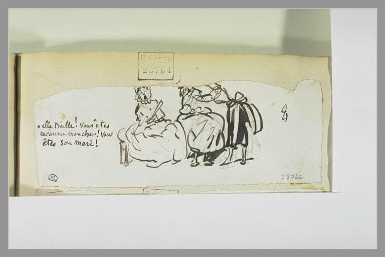 Caricature : deux figures sur un divan et un homme debout