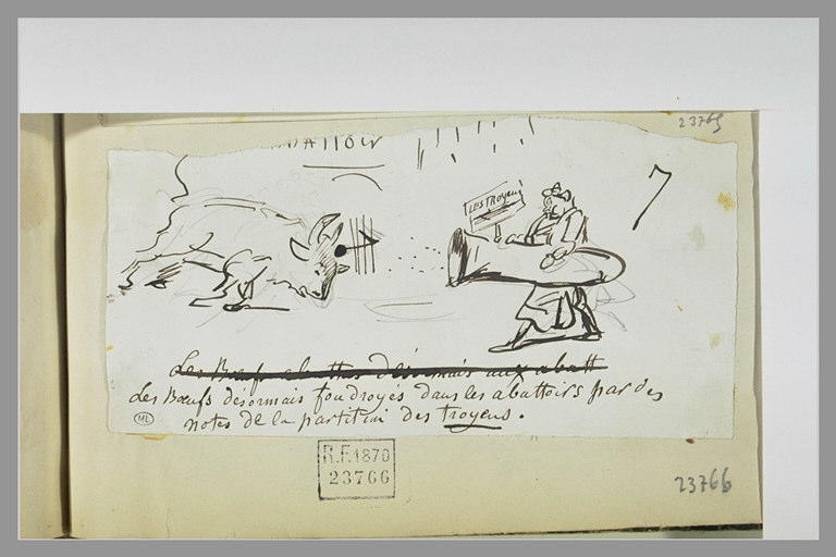 Caricature : un boeuf frappé de mort par des notes sortant d'un cuivre