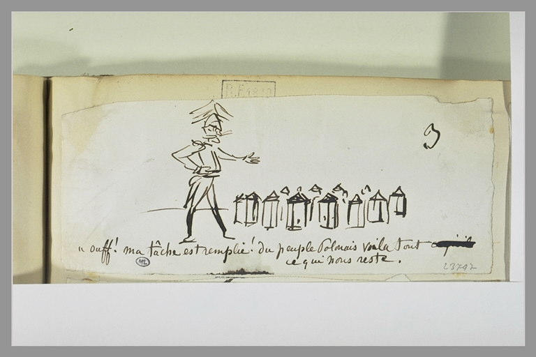Caricature : général casqué passant en revue des lanternes