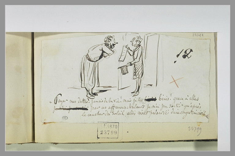 Caricature : homme en robe de chambre recevant un huissier