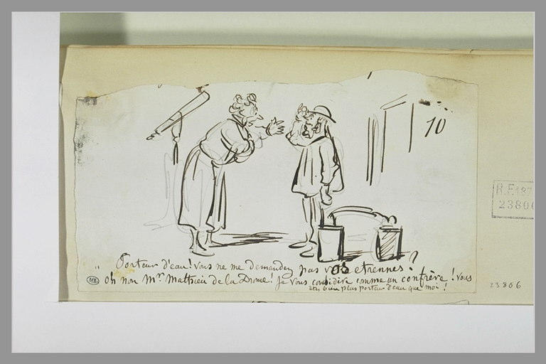 Caricature : Mathieu de la Drome en robe de chambre face à un porteur d'eau