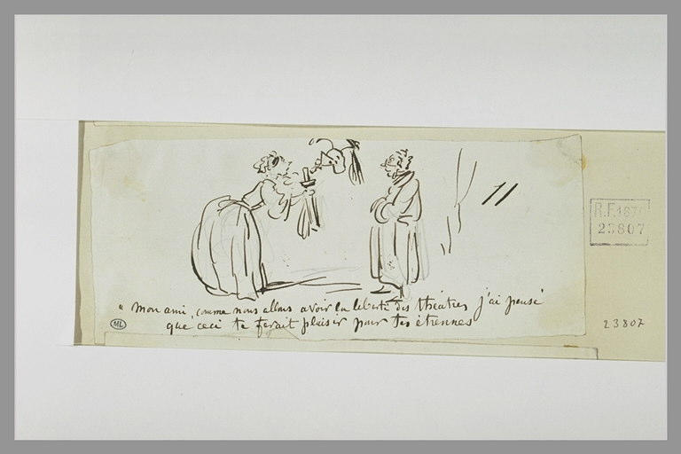 Caricature : une femme offrant un glaive à un vieillard