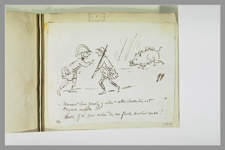 Caricature : un garde-chasse, un chasseur et un sanglier